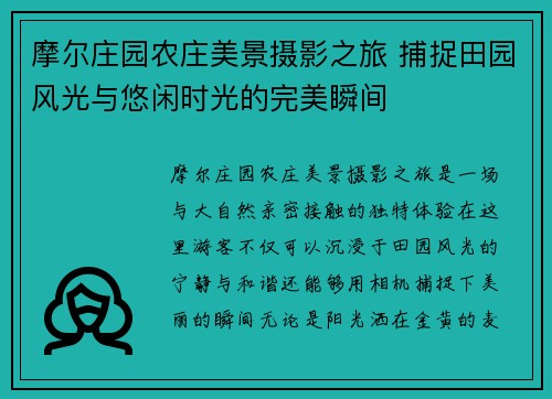摩尔庄园农庄美景摄影之旅 捕捉田园风光与悠闲时光的完美瞬间
